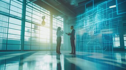 Corporate Professionals Discussing Futuristic Business Strategies in a High-Tech Office Environment Perfect for Technology and Business Development Themes