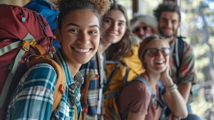 A group of youthful and diverse friends, adorned with backpacks, share smiles and camaraderie, portraying the joy and excitement of shared travel adventures in a bright indoor setting.
