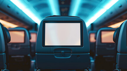 Fototapeta premium back of an airplane seat with a screen in front, displaying empty white space available for advertising