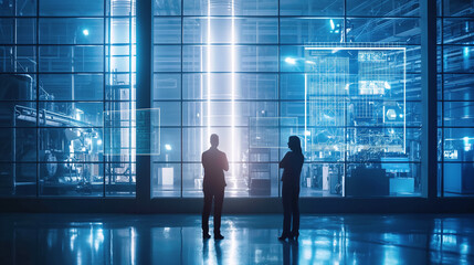 Two Professionals Engaging in a Strategic Discussion Inside a Modern Corporate Building Ideal for Themes of Collaboration and Corporate Strategy