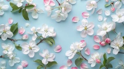 Minimalistic flat lay of apple blossoms with white and pink petals on blue backdrop Copy space included Background photo