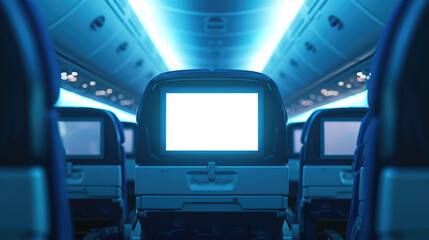 Fototapeta premium Back of an airplane seat with a screen in front, displaying empty white space available for advertising