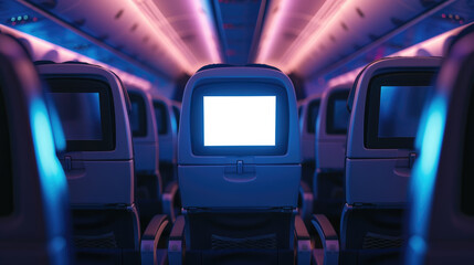 Back of an airplane seat with a screen in front, displaying empty white space available for advertising