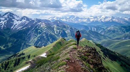 A hiker with a backpack traverses a narrow ridge line, with a breathtaking vista of snow-capped mountains and verdant valleys stretching out below.