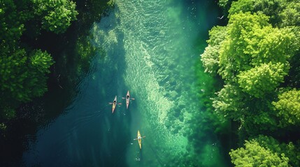 Kayakers navigate a winding river, sunlight dappling through the canopy of trees overhead, their paddles creating ripples on the clear water's surface.