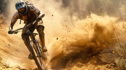 A mountain biker speeds down a rugged trail, dust billowing in their wake, their face a picture of exhilaration and focus.