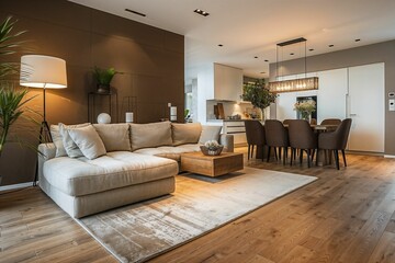 Modern living room with beige sofa, wooden flooring, and dining area with elegant decor and lighting