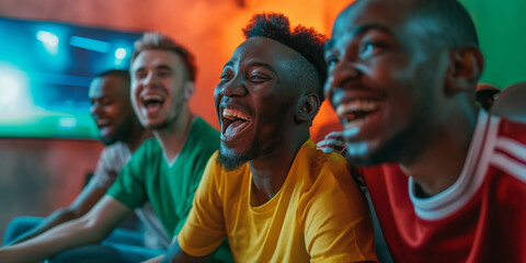 Obraz premium Young people watching football match in front of TV. Excited friends celebrating the victory of their team. Sports fans chanting and cheering for their soccer team.