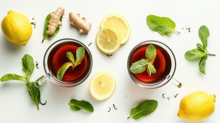 Hot tea with ginger lemon and mint on white background viewed from top