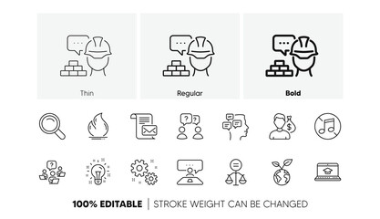 Interview job, Fire energy and Website education line icons. Pack of Work, Messages, Teamwork question icon. Idea, Salary, Mail letter pictogram. Ethics, Build, Teamwork questions. Line icons. Vector