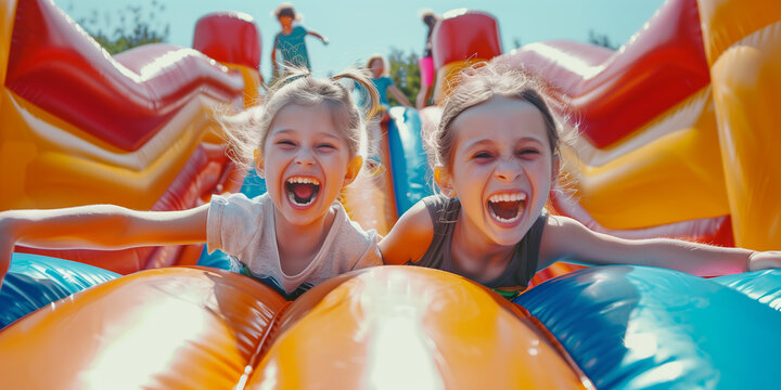 Happy cheerful kids having a blast in outdoor bouncy castle. Children playing on inflatable playground.