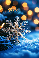 Beautifully crafted snowflake ornament, glistening with light, set against the backdrop of a Christmas tree adorned with twinkling lights and surrounded by a soft blue snowy landscape.