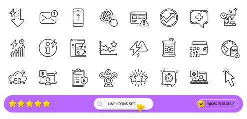 Lightning bolt, Privacy policy and 5g cloud line icons for web app. Pack of Cursor, New message, Star pictogram icons. Timer, Coffee maker, Electricity consumption signs. Oil barrel. Vector
