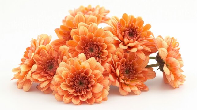 Close up bouquet of orange chrysanthemum flowers on white background with copy space