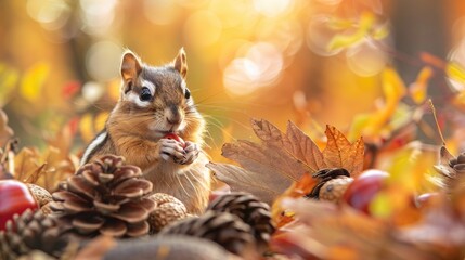 Obraz premium Chipmunk in Fall scenery with stuffed cheeks gazes ahead amid acorns and pinecones