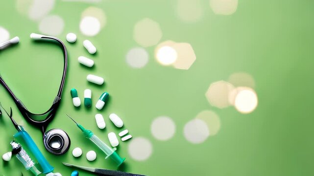 Medical tools, stethoscope, syringe, and various pills, are arranged on a bright green background with a bokeh effect. Medical copy space background. Healthcare and medicine concept
