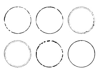 Six circle-shaped frames with uneven, torn, thin edges. Vector hand drawn illustration of paint prints of bottom and neck of bottle. Texture brush.