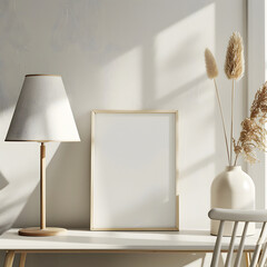 An empty white frame stands on the table along with a vase and a lamp