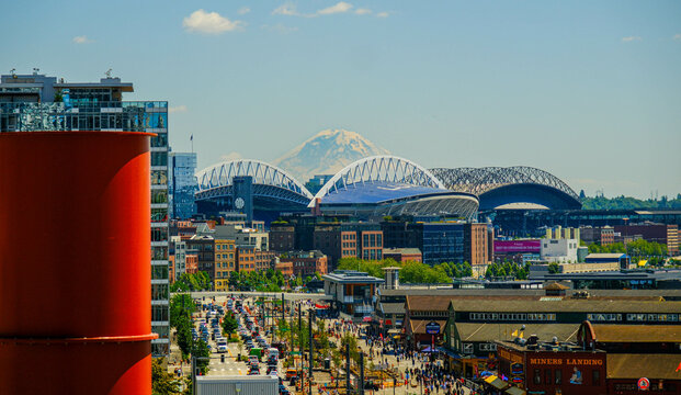 Seattle Waterfront with T-Mobile Park and Lumen Field and Mount