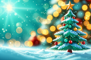 Vibrant Christmas tree with colorful ornaments, set against a backdrop of a snowy landscape and a starry sky.