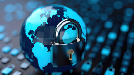Digital globe with interconnected locks, global cyber security, data protection