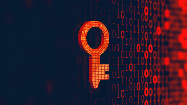 Digital key with a binary code background, secure access, online protection