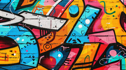 Obraz premium Abstract bold beautiful graffiti urban street art background on outdoor brick wall colorful tags shapes dynamic art urban renewal neighborhood beautification public art city street