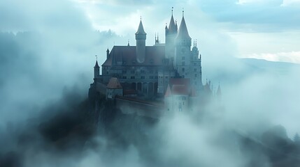 Fototapeta premium A majestic medieval castle emerging from a dense fog