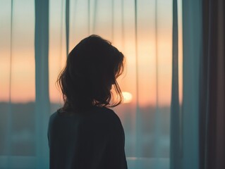 Silhueta solit&aacute;ria de uma mulher triste, pensativa e angustiada em frente a janela