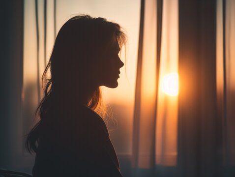 Silhueta solit&aacute;ria de uma mulher triste, pensativa e angustiada em frente a janela