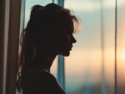 Silhueta solit&aacute;ria de uma mulher triste, pensativa e angustiada em frente a janela
