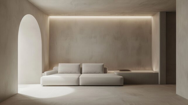 Minimalist white walled room with a simple sofa and great lighting