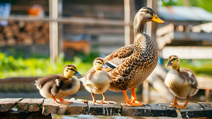 A family of ducks standing on wooden beams in a tranquil chicken farm setting providing a picturesque and pastoral background