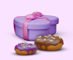 Sweet gift concept. Box tied with ribbon and bow, donuts with chocolate topping and sprinkles