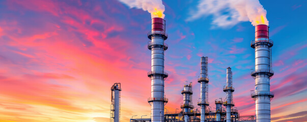 Obraz premium Oil refinery with rising smoke, oil industry pollution, environmental cost