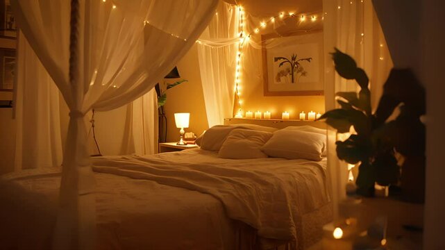 A couples massage room featuring a romantic canopy bed and intimate lighting.