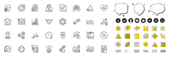 Set of Box size, Medical drugs and Fingerprint line icons for web app. Design elements, Social media icons. Settings blueprint, Waterproof, Talk icons. Lungs, Sunset, Microphone signs. Vector