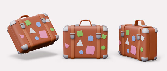 Realistic brown suitcase with travel stickers. Vector leather model in different positions
