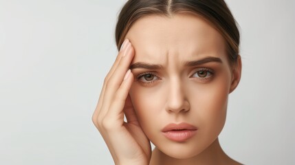 Fototapeta premium Dissatisfied stressed depressed young woman touch forehead worried about skin wrinkle isolated on studio background, cosmetology botox injection anti aging cream concept