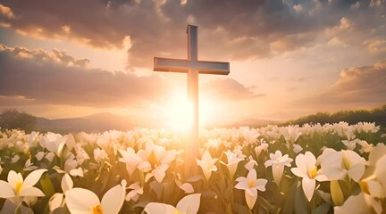 A serene cross bathed in golden Easter evening light, surrounded by blooming lilies