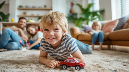 Cute kids playing while parents relaxing sofa at home together, smiling active boy entertaining with toy car near his sister on floor, happy family spending time together in living room