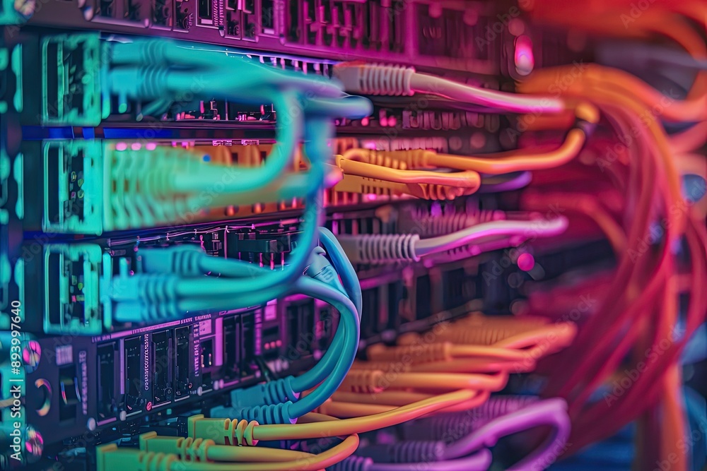 Poster close-up of colorful network cables. this image can be used to represent data transfer, internet con