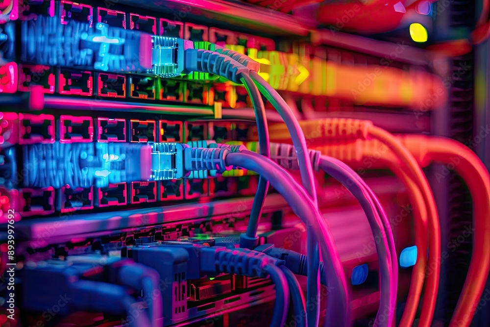 Poster close up of server rack cables. the image showcases the intricate network connections and infrastruc