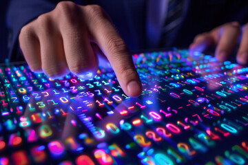 A person's hands interacting with a tablet screen displaying numerous numbers and data, representing information that needs to be analyzed.