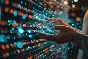 A person's hands interacting with a tablet screen displaying numerous numbers and data, representing information that needs to be analyzed.