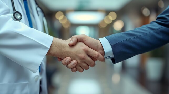 Close up of pharmaceutical sales representative shaking hands with doctor in medical building.