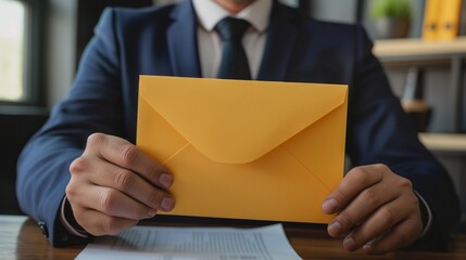 Businessman sitting at workplace desk holding yellow envelope take out received paper letter notice sheet, close up image.