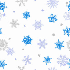 Christmas seamless pattern of beautiful complex blue snowflakes on white background. Winter illustration with falling snow.