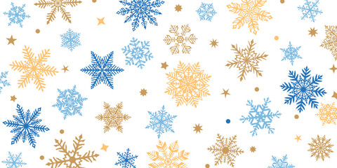 Christmas background of beautiful complex snowflakes, blue and brown on white. Winter illustration with falling snow.