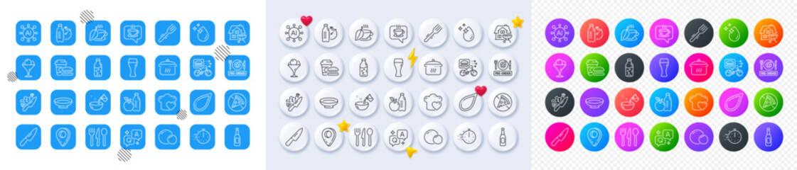 Beer glass, Pre-order food and Food line icons. Square, Gradient, Pin 3d buttons. AI, QA and map pin icons. Pack of Love cooking, Water drop, Beer icon. Mint tea, Water bottle, Knife pictogram. Vector